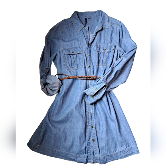 nylon 76 Dresses & Skirts - Lightweight jean Short denim dress button belted western festival cowgirl S-M